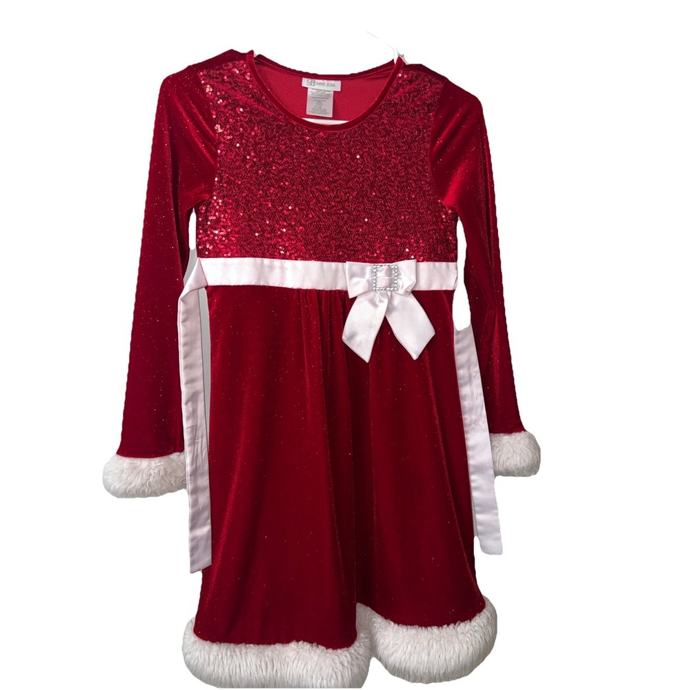 Bonnie Jean Girls Christmas Dress 14 Red Sequin Glitter‎ White Fur Trim Tie Back